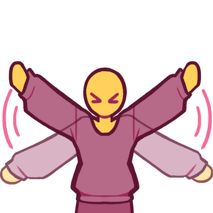 a person in a faded pink sweater flapping their arms up and down